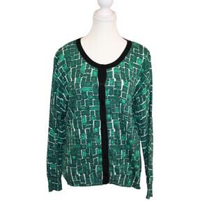 Top Knits Cardigan Sweater Green & Black Button Front Soft Cotton Blend SZ L